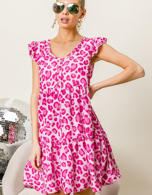 Load image into Gallery viewer, BiBi Leopard Cap Sleeve Tiered Mini Dress
