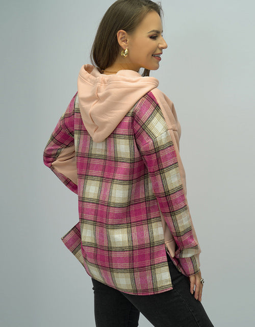 Load image into Gallery viewer, Shiny Plaid Drawstring Drop Shoulder Slit Hoodie
