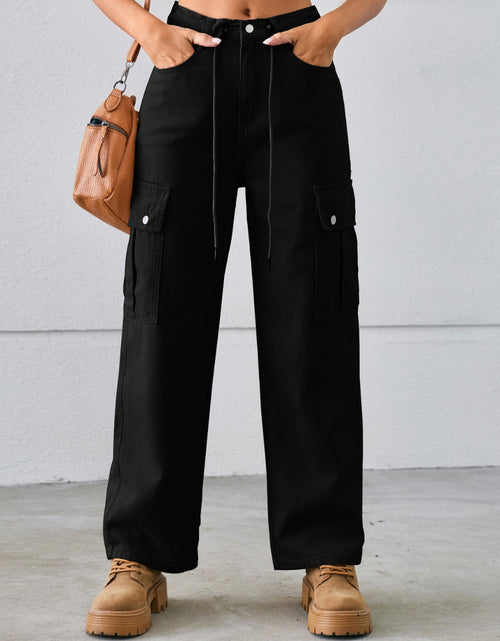 Load image into Gallery viewer, Drawstring Mid-Rise Waist Straight Cargo Jeans
