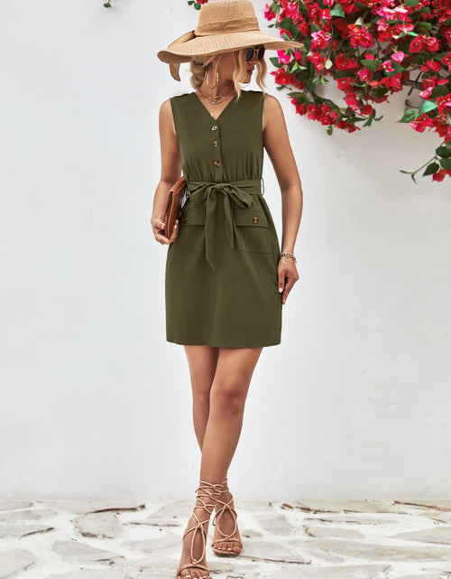 Load image into Gallery viewer, Buttoned V-Neck Belted Sleeveless Dress
