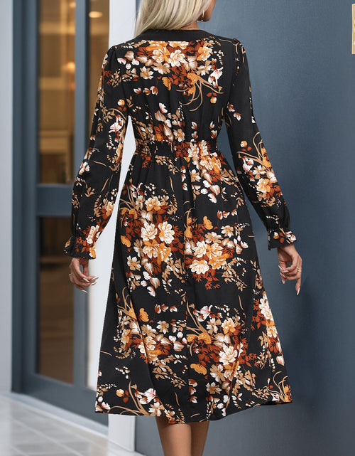 Load image into Gallery viewer, Perfee Printed Notched Long Sleeve Midi Dress
