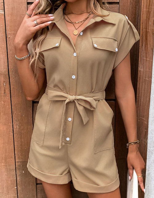 Load image into Gallery viewer, Perfee Collared Neck Tie Waist Romper with Pockets
