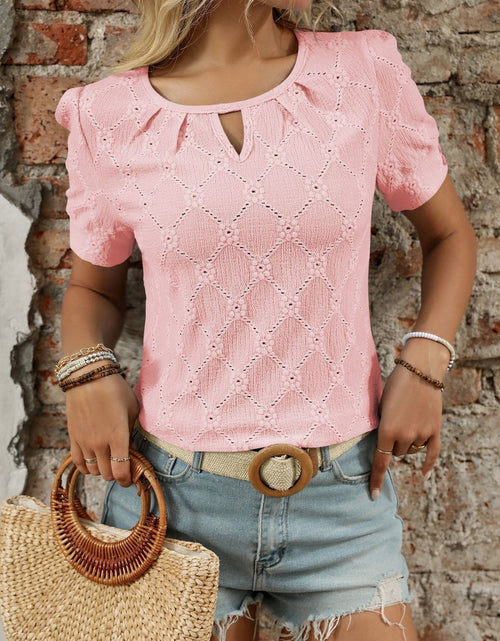 Load image into Gallery viewer, Eyelet Round Neck Short Sleeve Top
