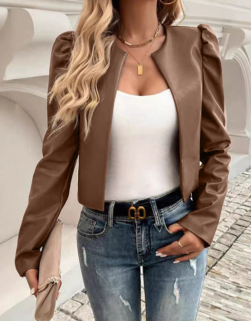 Load image into Gallery viewer, PU Leather Open Front Puff Sleeve Jacket
