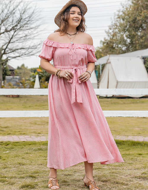 Load image into Gallery viewer, Plus Size Plaid Off-Shoulder Short Sleeve Midi Dress
