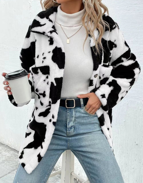 Load image into Gallery viewer, Cow Print Collared Neck Button Up Fuzzy Jacket
