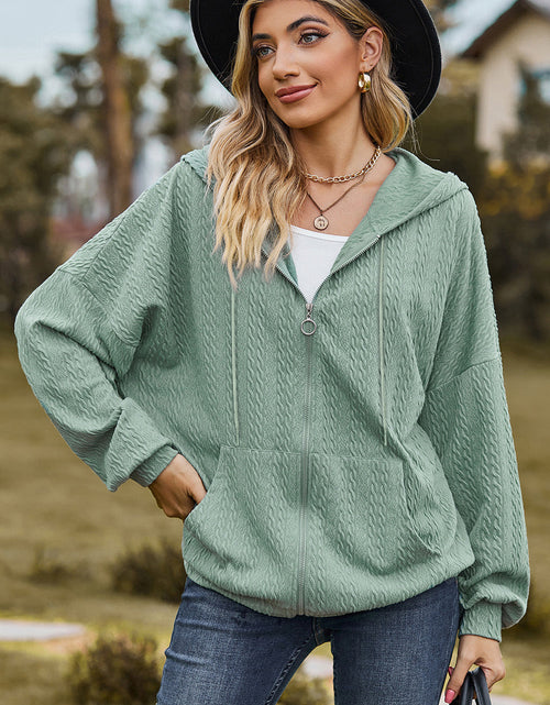 Load image into Gallery viewer, Drawstring Zip Up Dropped Shoulder Hoodie
