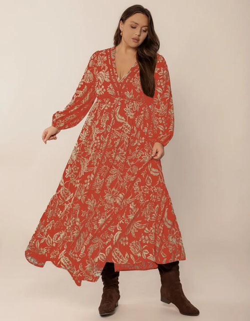 Load image into Gallery viewer, Plus Size Lace Detail Printed Balloon Sleeve Midi Dress
