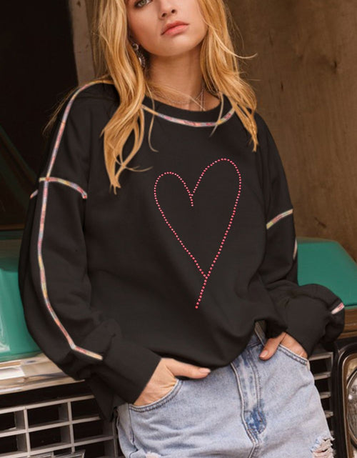 Load image into Gallery viewer, Valentine’s Day Rhinestone Heart Round Neck Long Sleeve Sweatshirt
