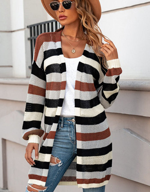 Load image into Gallery viewer, Full Size Striped Long Sleeve Openwork Cardigan
