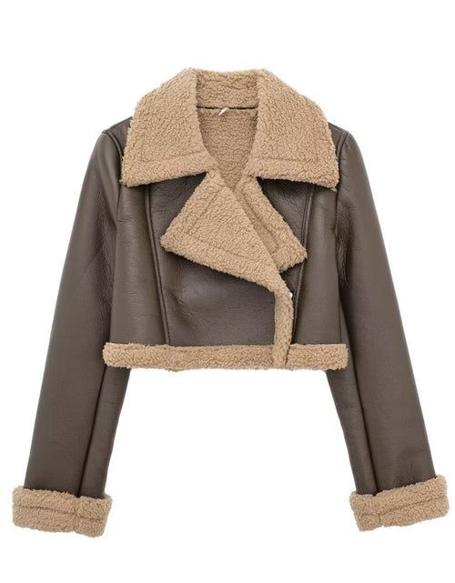 Load image into Gallery viewer, Collared Neck Long Sleeve Plush Cropped Jacket
