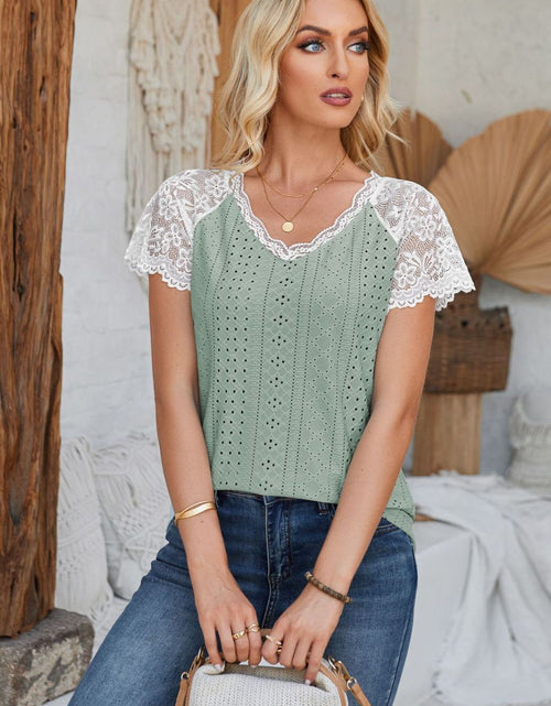 Load image into Gallery viewer, Eyelet V-Neck Lace Short Sleeve T-Shirt

