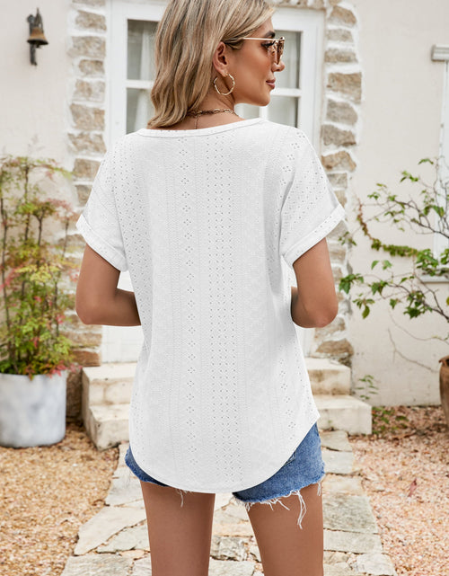 Load image into Gallery viewer, Full Size Round Neck Eyelet Short Sleeve Top
