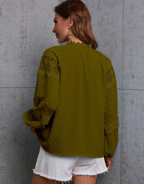 Load image into Gallery viewer, Crochet Tassel Tie Neck Long Sleeve Blouse
