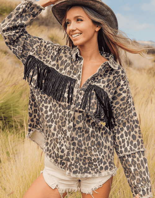 Load image into Gallery viewer, Leopard Fringe Detail Collared Neck Denim Jacket
