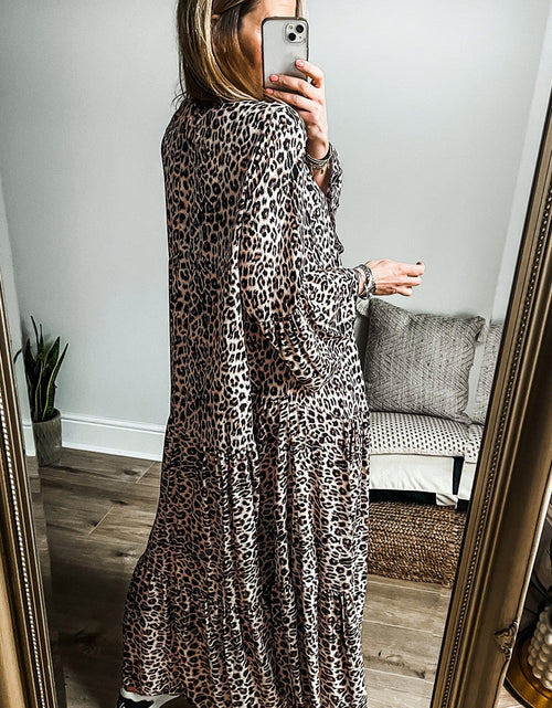 Load image into Gallery viewer, Leopard Notched Long Sleeve Maxi Dress

