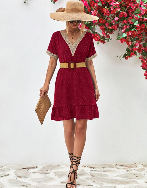 Load image into Gallery viewer, Contrast V-Neck Short Sleeve Mini Dress
