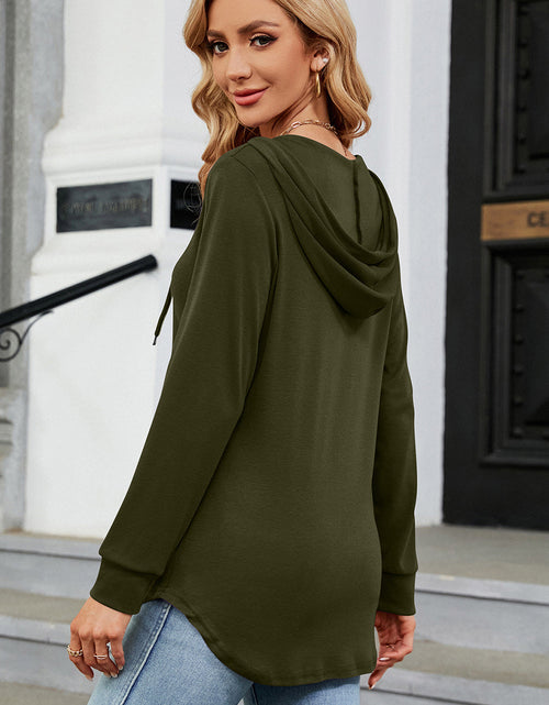 Load image into Gallery viewer, Decorative Button Drawstring Long Sleeve Hoodie
