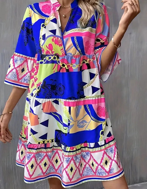 Load image into Gallery viewer, Printed Notched 3/4 Sleeve Tiered Dress
