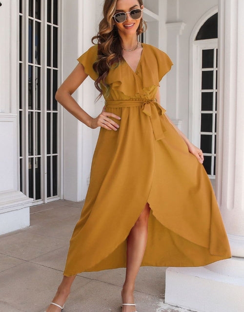 Load image into Gallery viewer, Tied Front Ruffled Short Sleeve Midi Dress
