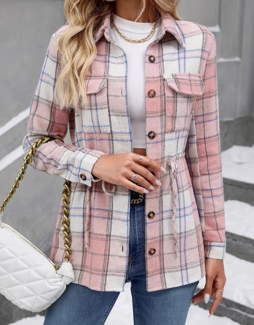 Load image into Gallery viewer, Drawstring Plaid Button Up Jacket with Chest Pockets
