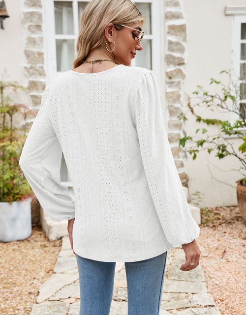 Load image into Gallery viewer, Eyelet Notched Neck Balloon Sleeve Blouse
