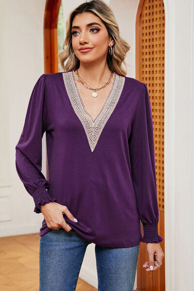 Load image into Gallery viewer, Lace Detail V-Neck Lantern Sleeve T-Shirt
