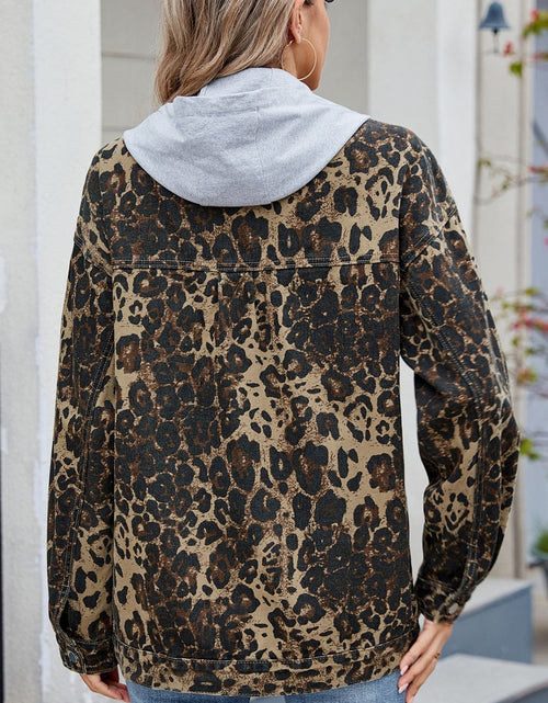 Load image into Gallery viewer, Pocketed Leopard Long Sleeve Denim Jacket
