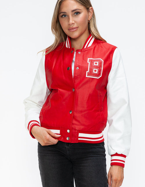Load image into Gallery viewer, Love Me Now PU Leather Contrast Snap Down Bomber Jacket
