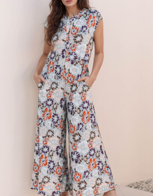 Load image into Gallery viewer, Floral Sleeveless Button Front Wide Leg Jumpsuit
