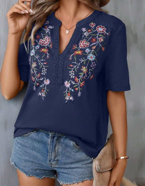 Load image into Gallery viewer, Embroidered Notched Short Sleeve T-Shirt

