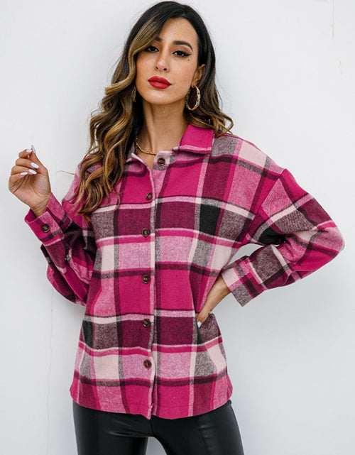 Load image into Gallery viewer, Shiny Plaid Button Up Collared Neck Jacket
