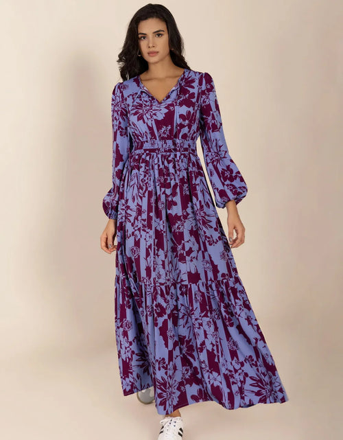Load image into Gallery viewer, Printed Tie Neck Balloon Sleeve Maxi Dress
