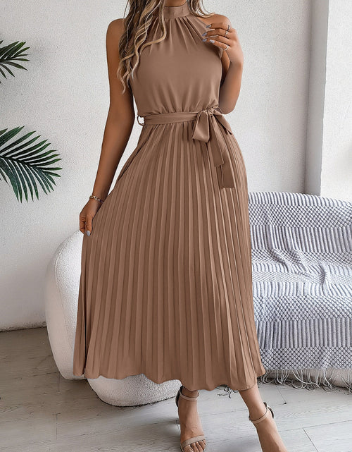 Load image into Gallery viewer, Grecian Neck Tie Waist Pleated Dress
