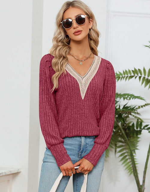 Load image into Gallery viewer, Lace Detail V-Neck Ribbed Blouse
