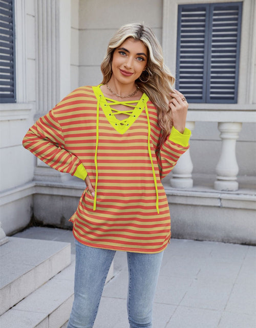 Load image into Gallery viewer, Lace-Up Striped Long Sleeve T-Shirt

