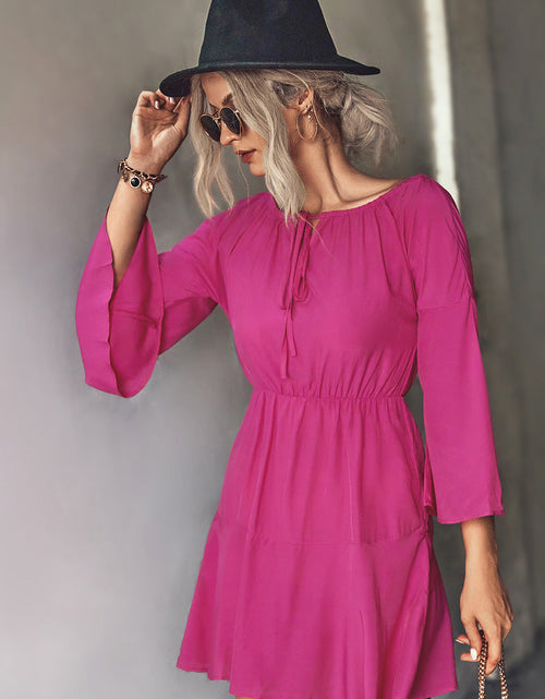 Load image into Gallery viewer, Tie Neck Flare Sleeve Mini Dress
