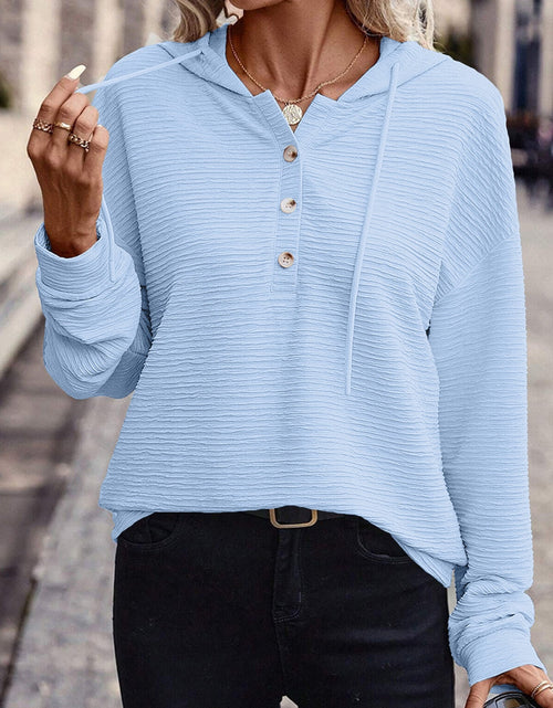 Load image into Gallery viewer, Drawstring Quarter Button Long Sleeve Hoodie
