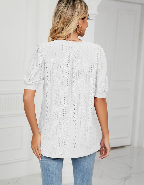 Load image into Gallery viewer, Eyelet Short Puff Sleeve Notched Neck Top
