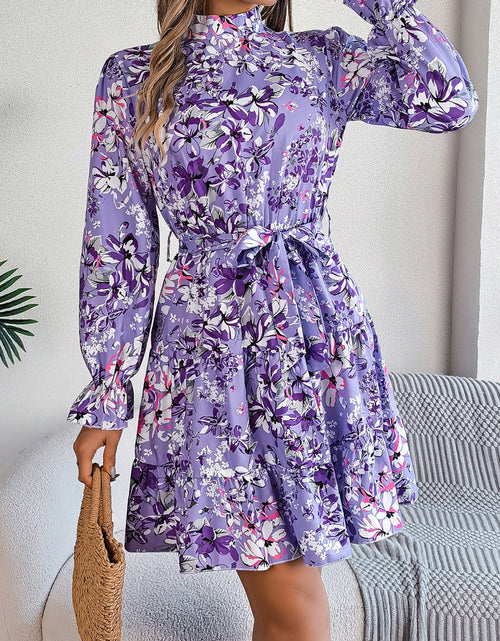 Load image into Gallery viewer, Printed Mock Neck Flounce Sleeve Mini Dress
