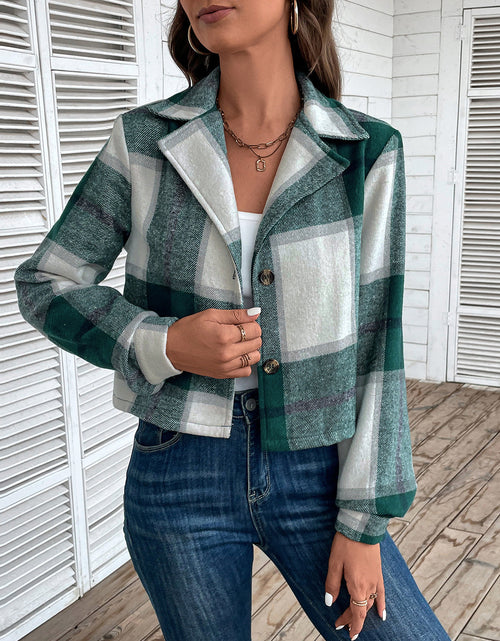 Load image into Gallery viewer, Perfee Plaid Collared Neck Button Up Long Sleeve Jacket
