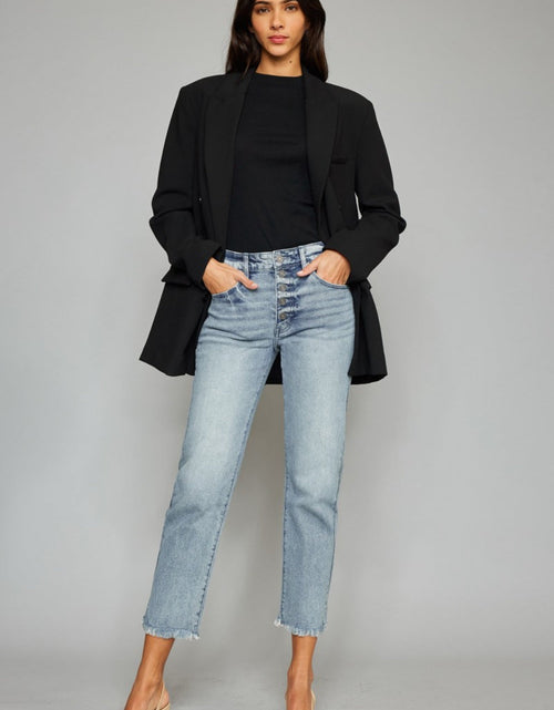 Load image into Gallery viewer, Kancan High Waist Button Fly Raw Hem Cropped Straight Jeans
