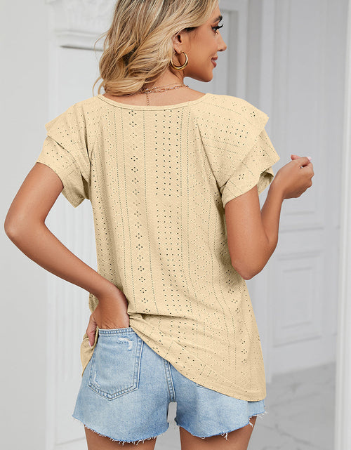 Load image into Gallery viewer, Eyelet V-Neck Short Sleeve T-Shirt

