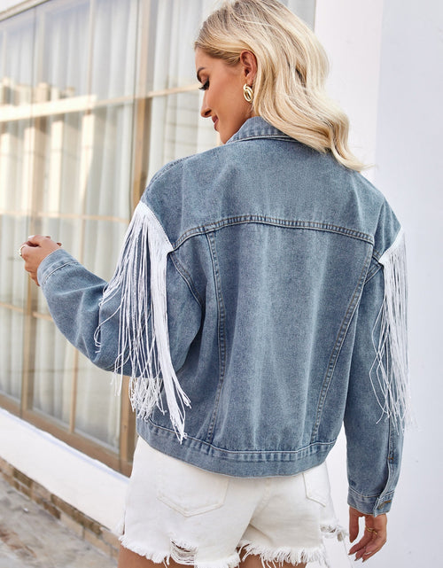 Load image into Gallery viewer, Tassel Button Up Dropped Shoulder Denim Jacket
