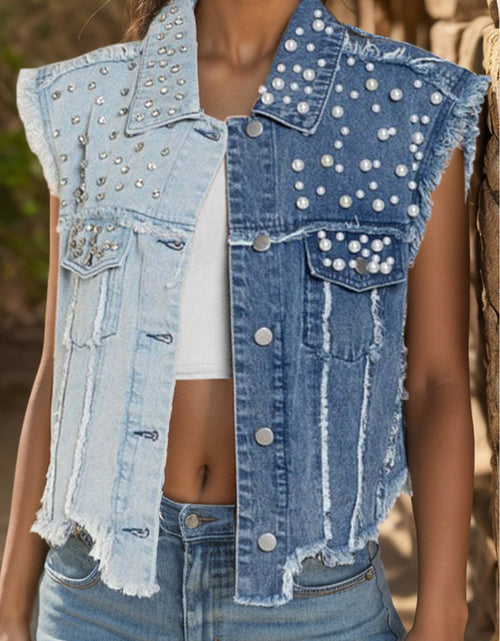 Load image into Gallery viewer, Pearl Raw Hem Sleeveless Denim Jacket
