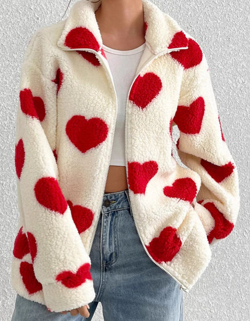 Load image into Gallery viewer, Heart Zip Up Drop Shoulder Furry Jacket

