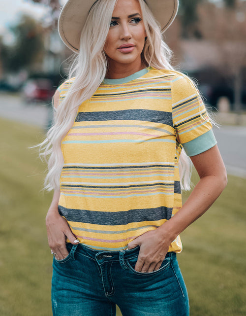 Load image into Gallery viewer, Multicolored Striped Round Neck Tee Shirt
