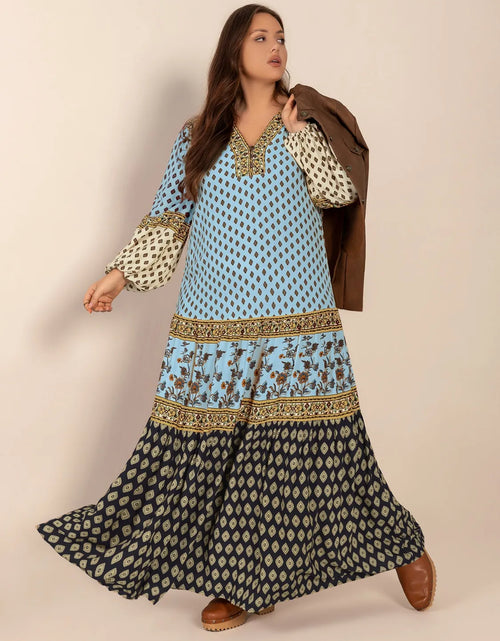Load image into Gallery viewer, Plus Size Printed V-Neck Balloon Sleeve Maxi Dress
