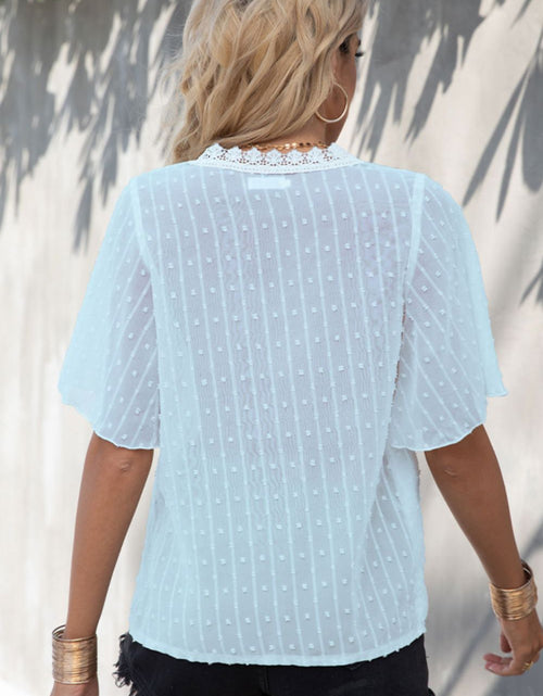 Load image into Gallery viewer, Shiny Swiss Dot Lace Trim Flutter Sleeve V-Neck Blouse
