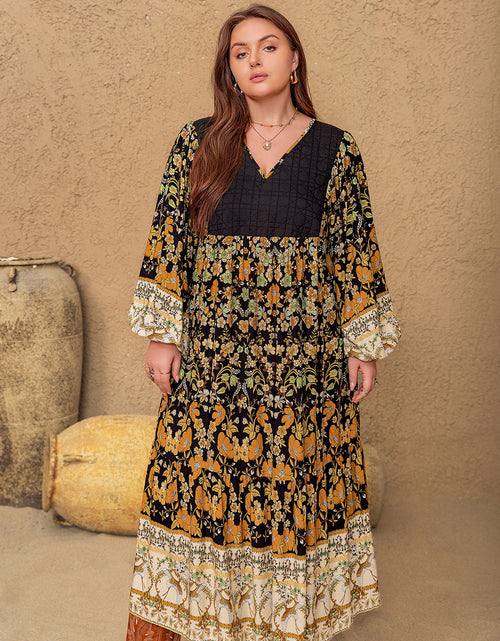 Load image into Gallery viewer, Plus Size Floral V-Neck Balloon Sleeve Midi Dress
